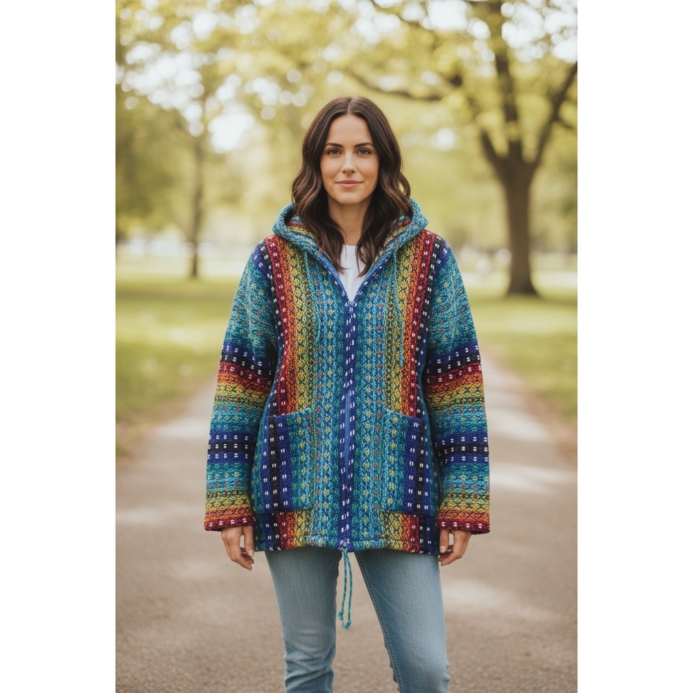 Vibrant Rainbow Striped Handwoven Baja Hoodie Full Zip Wool Jacket Pockets